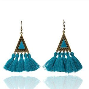 Boho teal tassel fringe triangle dangle earrings